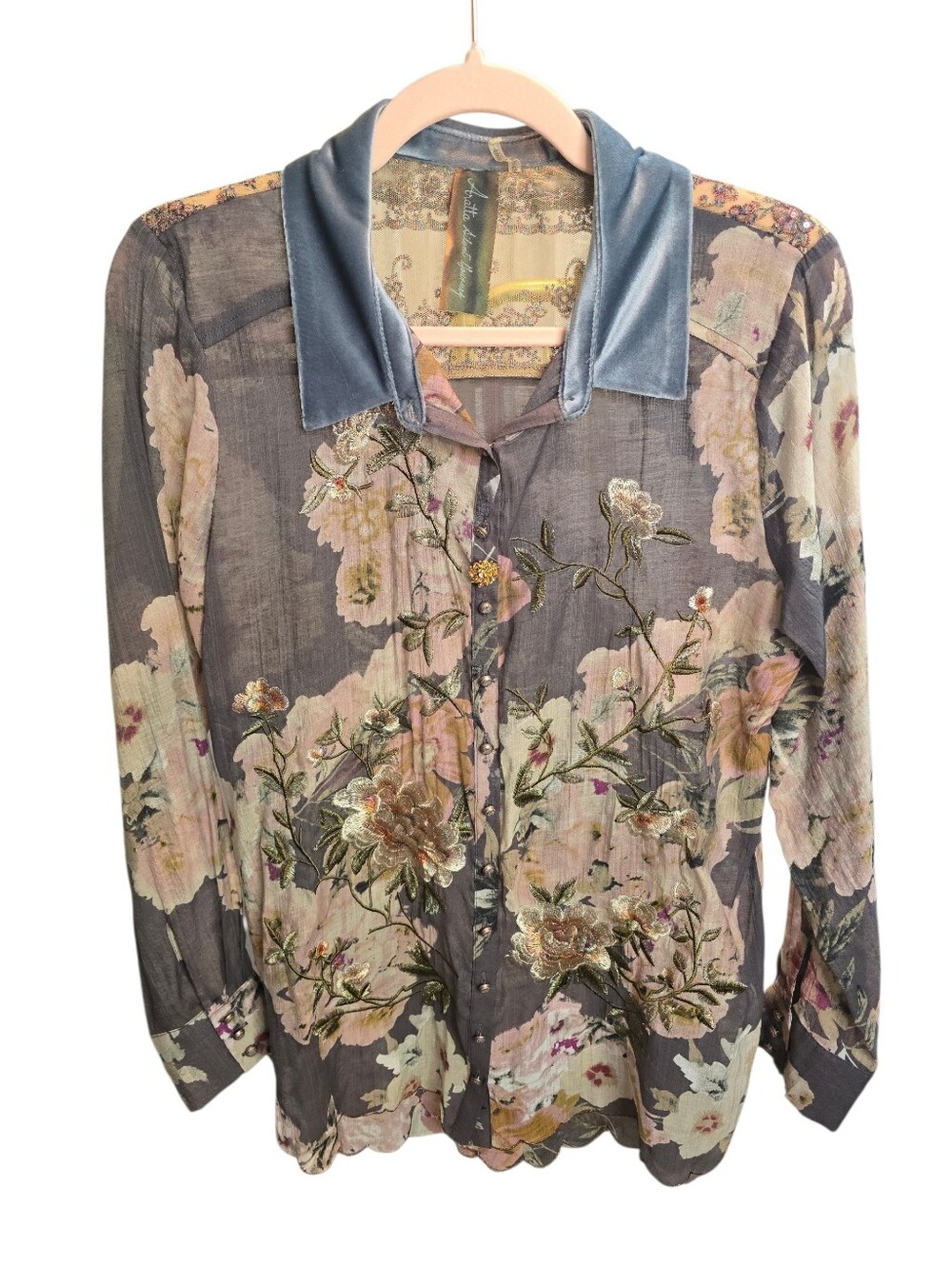 Aratta Floral Sheer Button-Up Blouse with Velvet Collar - Blue, Pink, Cream